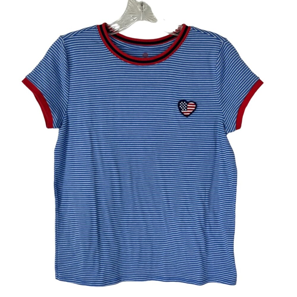 So Tshirt Medium Blue White Stripes Flag Heart Casual Summer